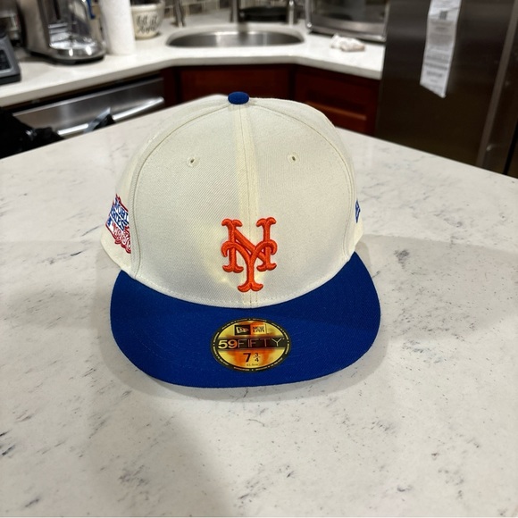 New York Mets World Series 1986 New Era 59FIFTY Fitted Hat RETRO Cream SZ 7 3/4 - Picture 3 of 6